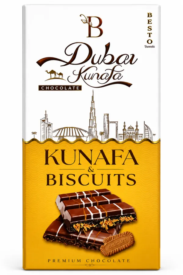 Besto Dubai Kunafa & Biscuits Premium Chocolate Bar – 100g