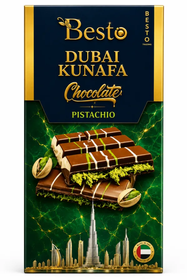 Besto Dubai Kunafa Pistachio Premium Chocolate Bar – 100g